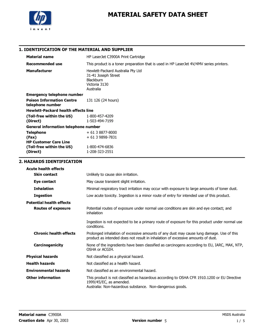 hp - hewlett packard company msds - What is material safety data sheet PDF